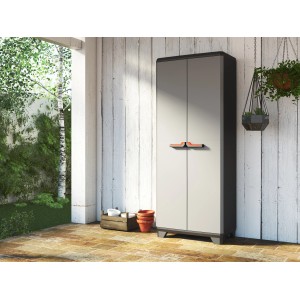 Hoher Stilo Kunststoffschrank in Grau-Schwarz mit zwei Türen und Griffen im Außenbereich.