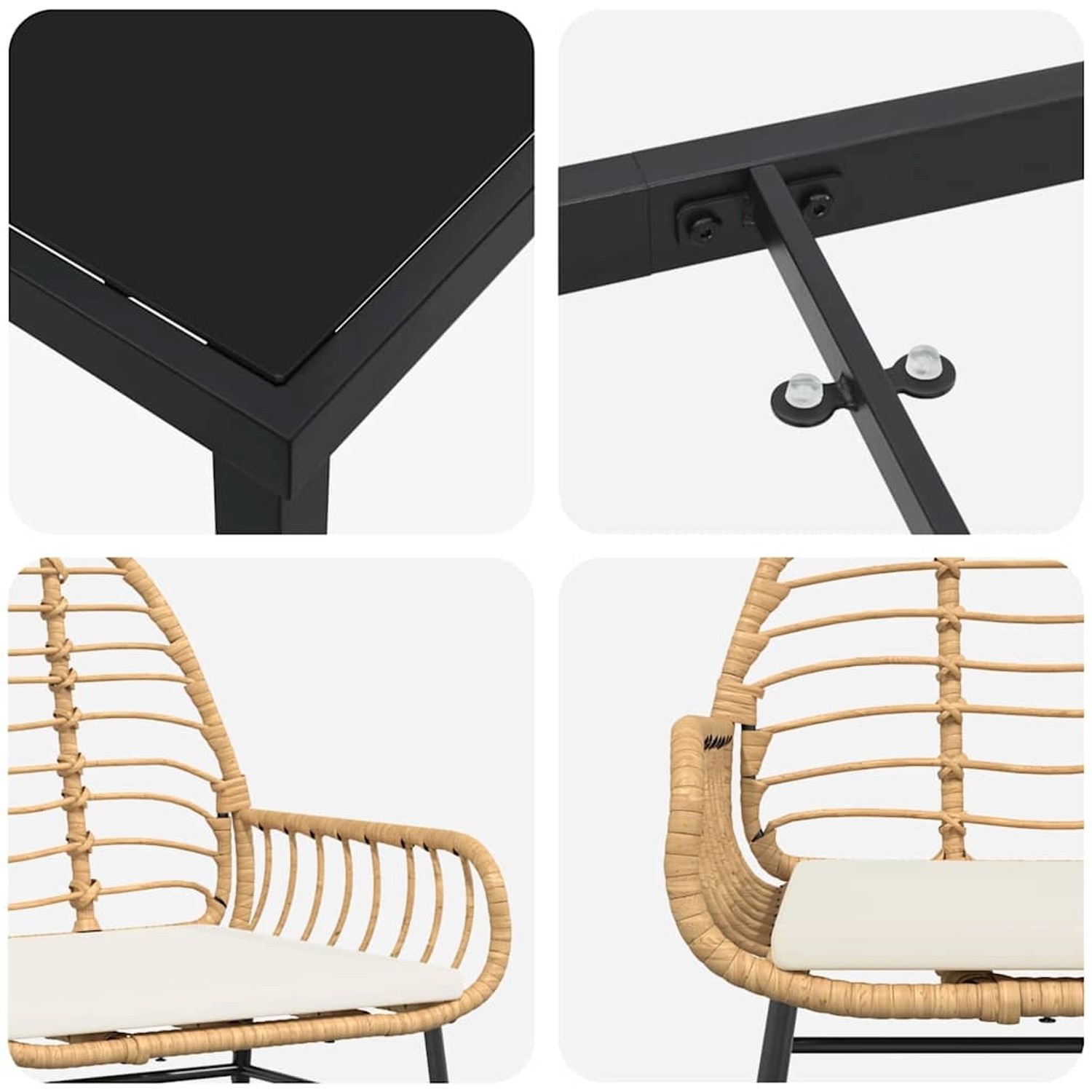 vidaXL Garten Essgruppe, 3-teilig, braunes Poly Rattan, Detailansichten von Tisch und Stühlen.