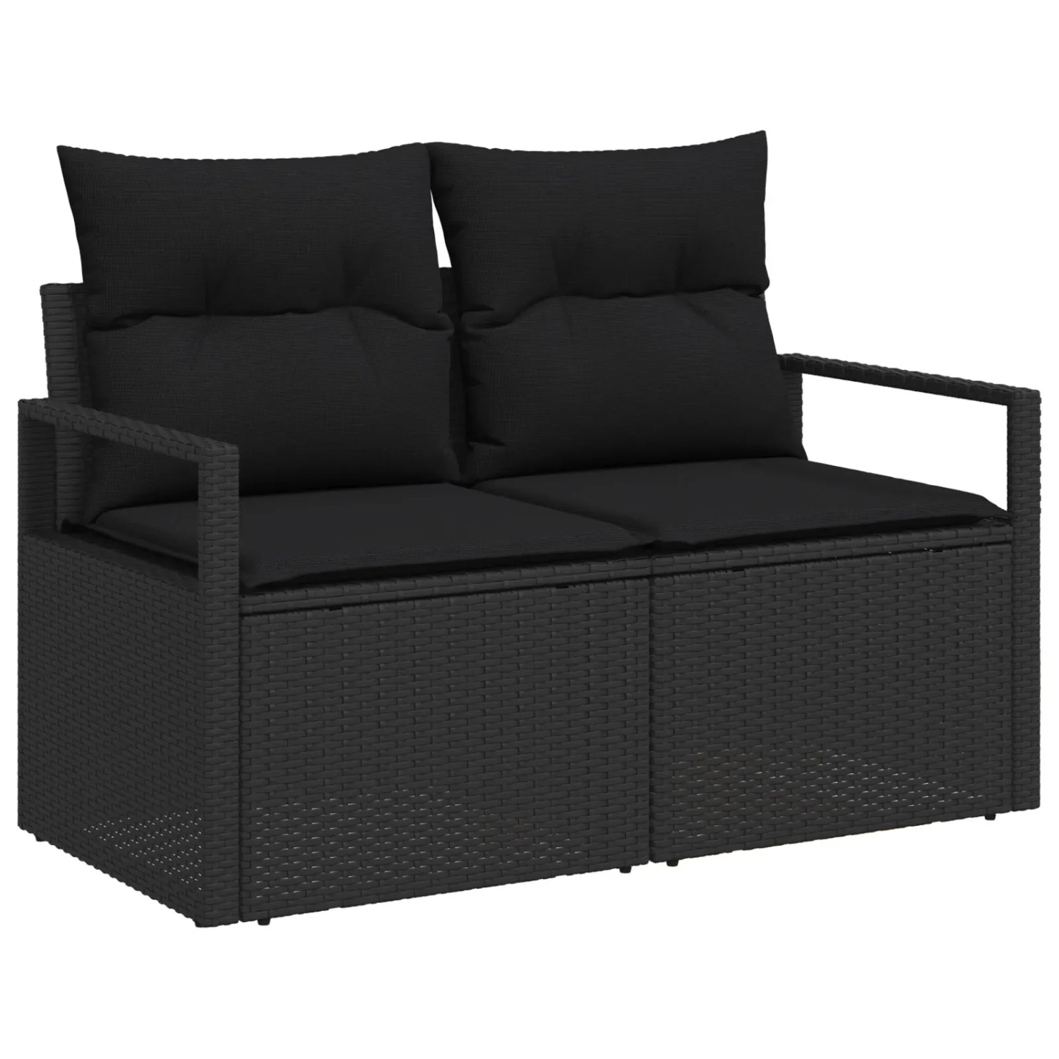 Schwarzes 2-Sitzer Gartensofa aus Polyrattan mit Kissen, Teil eines vidaXL Gartenmöbel Sets.