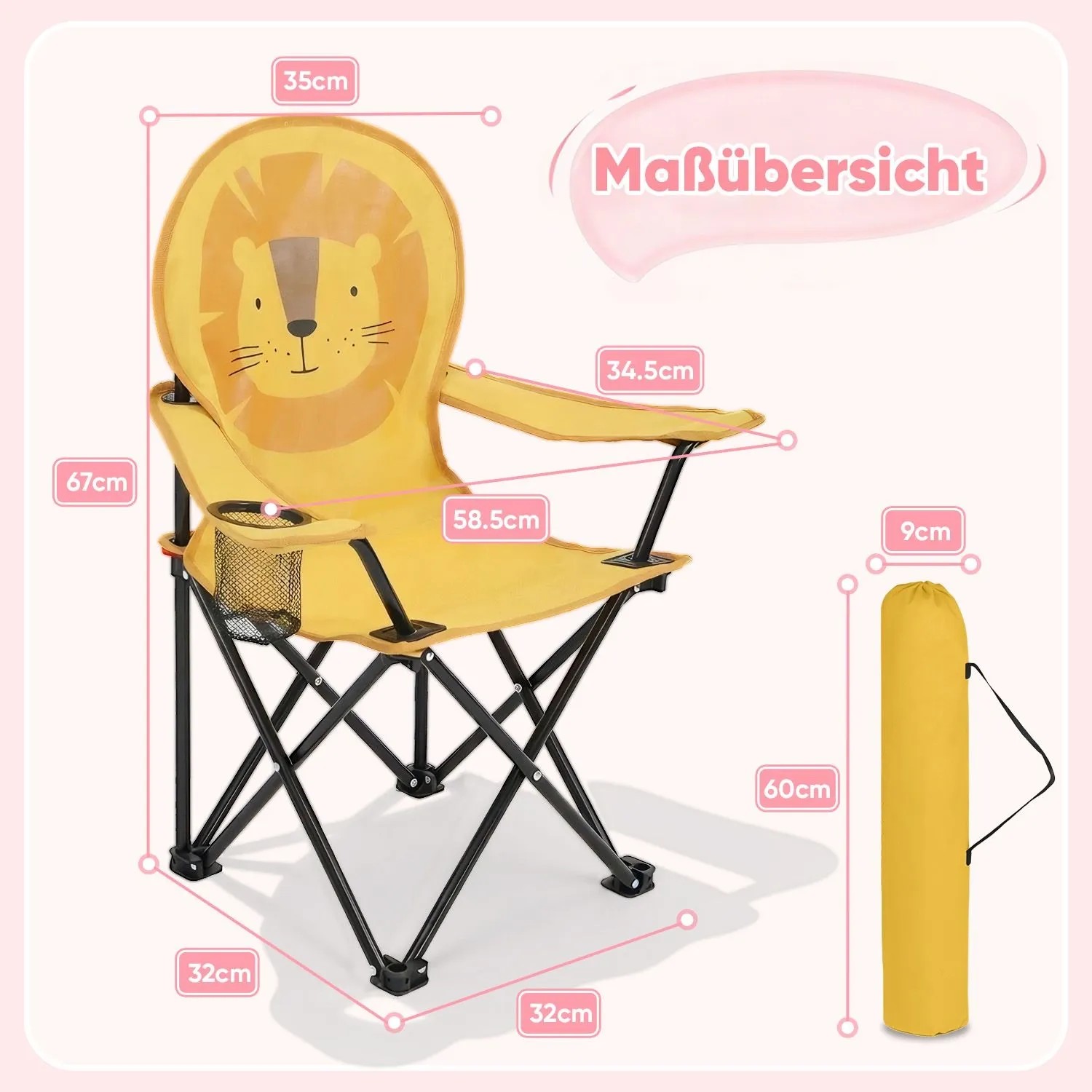 Gelber Kinder Campingstuhl mit Löwenmotiv und Tragetasche. Ideal für Outdoor-Abenteuer.