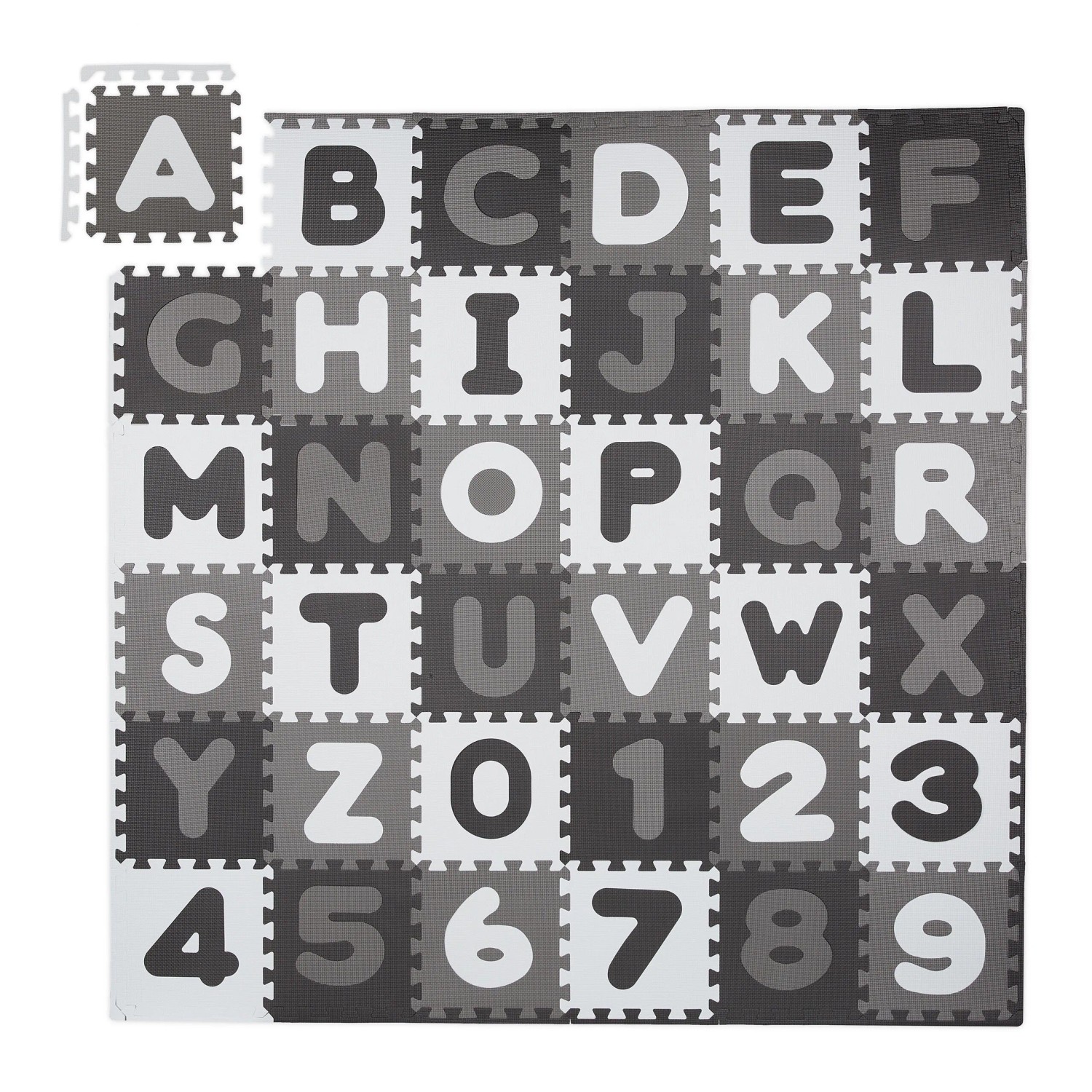 Relaxdays Puzzlematte ABC und Zahlen EVA Schaumstoff PE Weiß Hellgrau Dunkelgrau Wasserabweisend 172 cm x 172 cm 2,5 kg