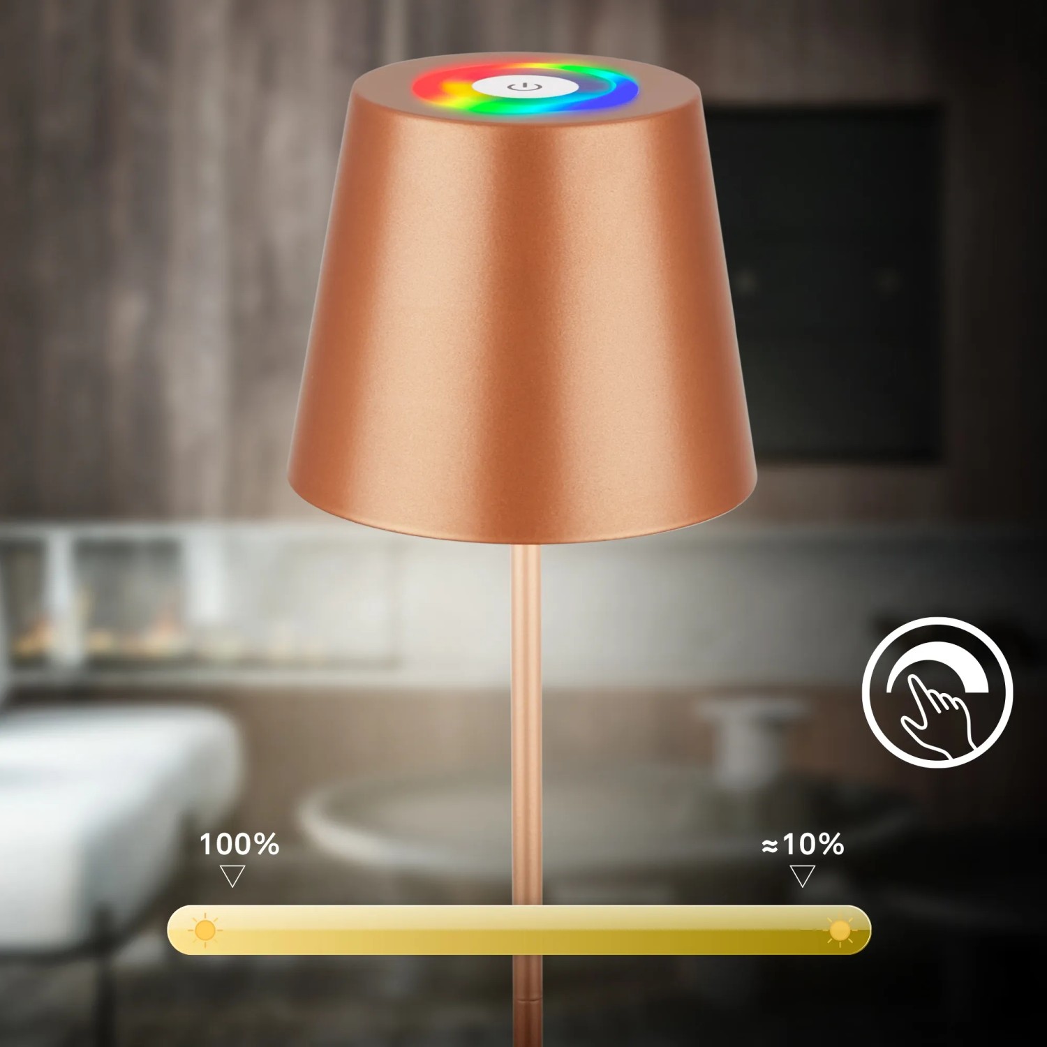 Brilo Tischleuchte mit Flaschenaufsatz, braun, RGB, dimmbar, für Außen-Dekoration.