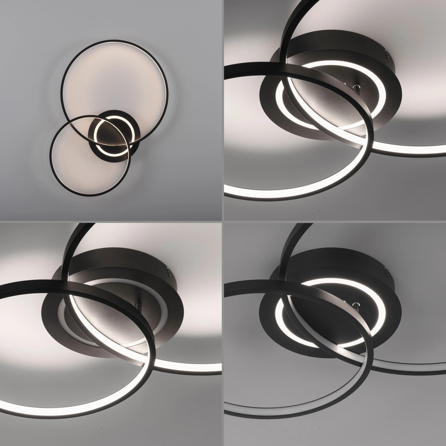 Moderne, schwarze LED-Deckenleuchte Asmina mit verschlungenen Ringen, warmweißes Licht.