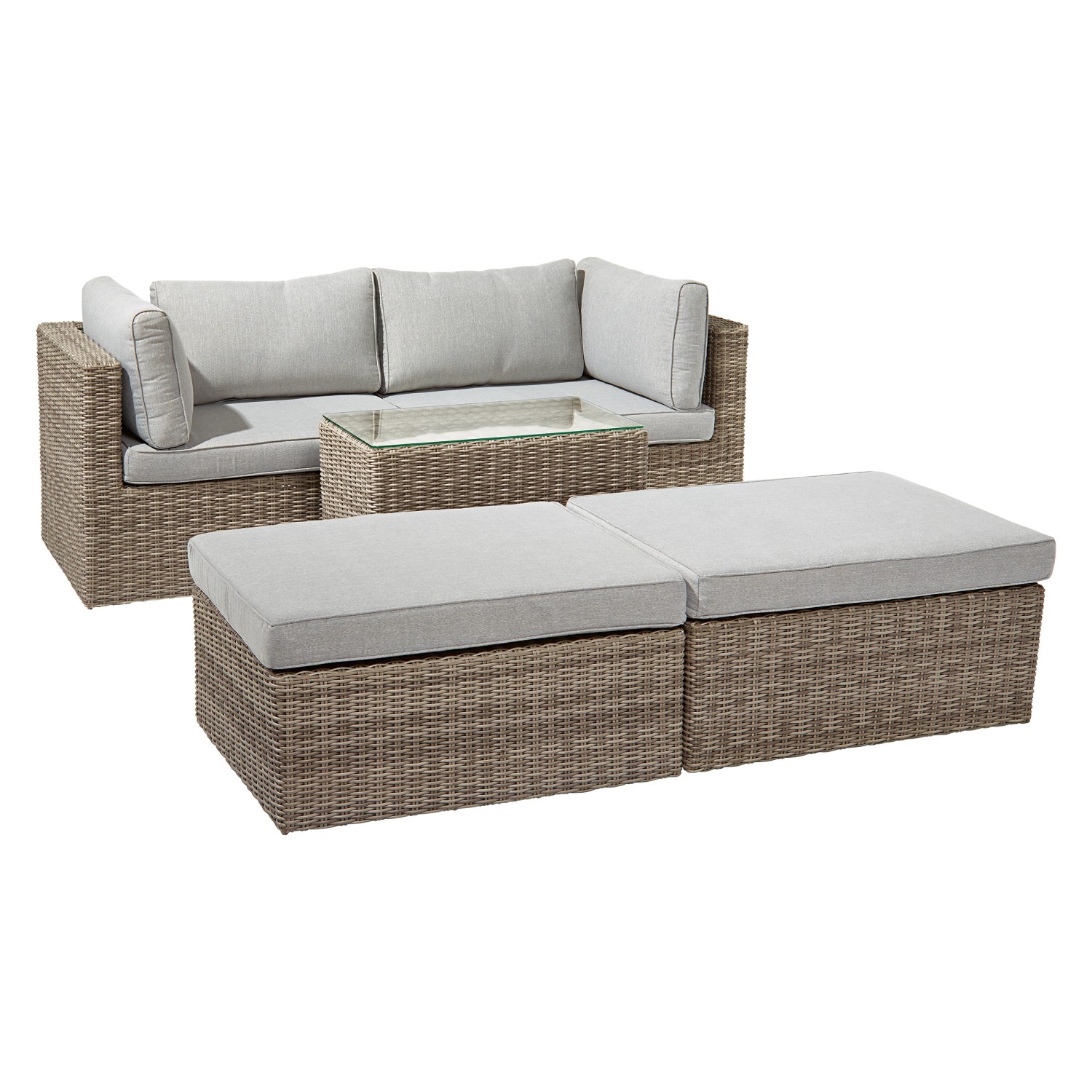 5-teiliges Lounge-Set Olea aus Polyrattan in Sand mit Tisch und hellgrauen Kissen.