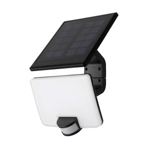 Schwarzer MegaLight Solar-LED-Strahler Sunflood mit Bewegungsmelder und Solarpanel.