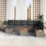 Graues 9-teiliges Garten-Sofa-Set aus Poly Rattan mit Kissen und Stauraum.