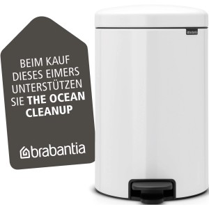 Weißer Brabantia Treteimer NewIcon, 20 Liter. Mülleimer mit Pedal und Ocean Cleanup Hinweis.