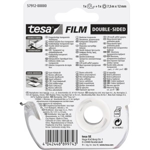 Tesa Film doppelseitig, 7,5 m x 12 mm, mit Abroller. Transparentes Klebeband für Papier und Karton.