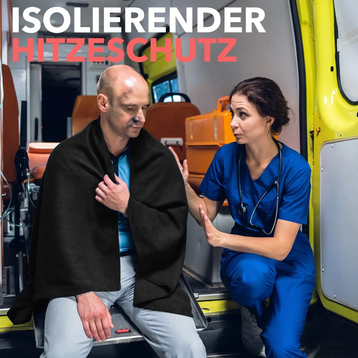 Szene mit Evocamp Feuerfester Unterlage als Hitzeschutzdecke im Rettungswagen.