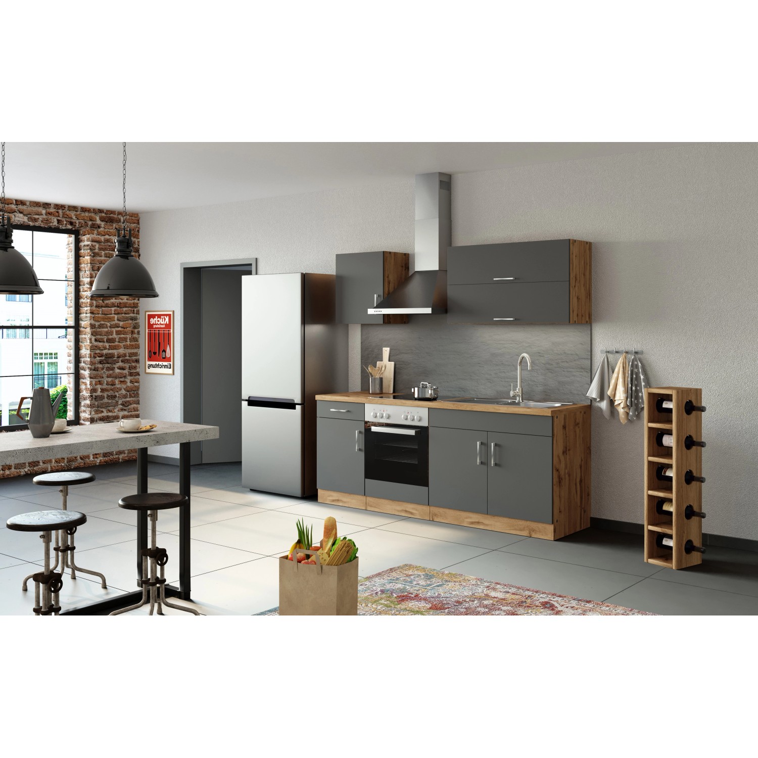 Moderne Küchenzeile Sorrento 210 cm in Anthrazit- und Wotaneiche-Optik mit E-Geräten.