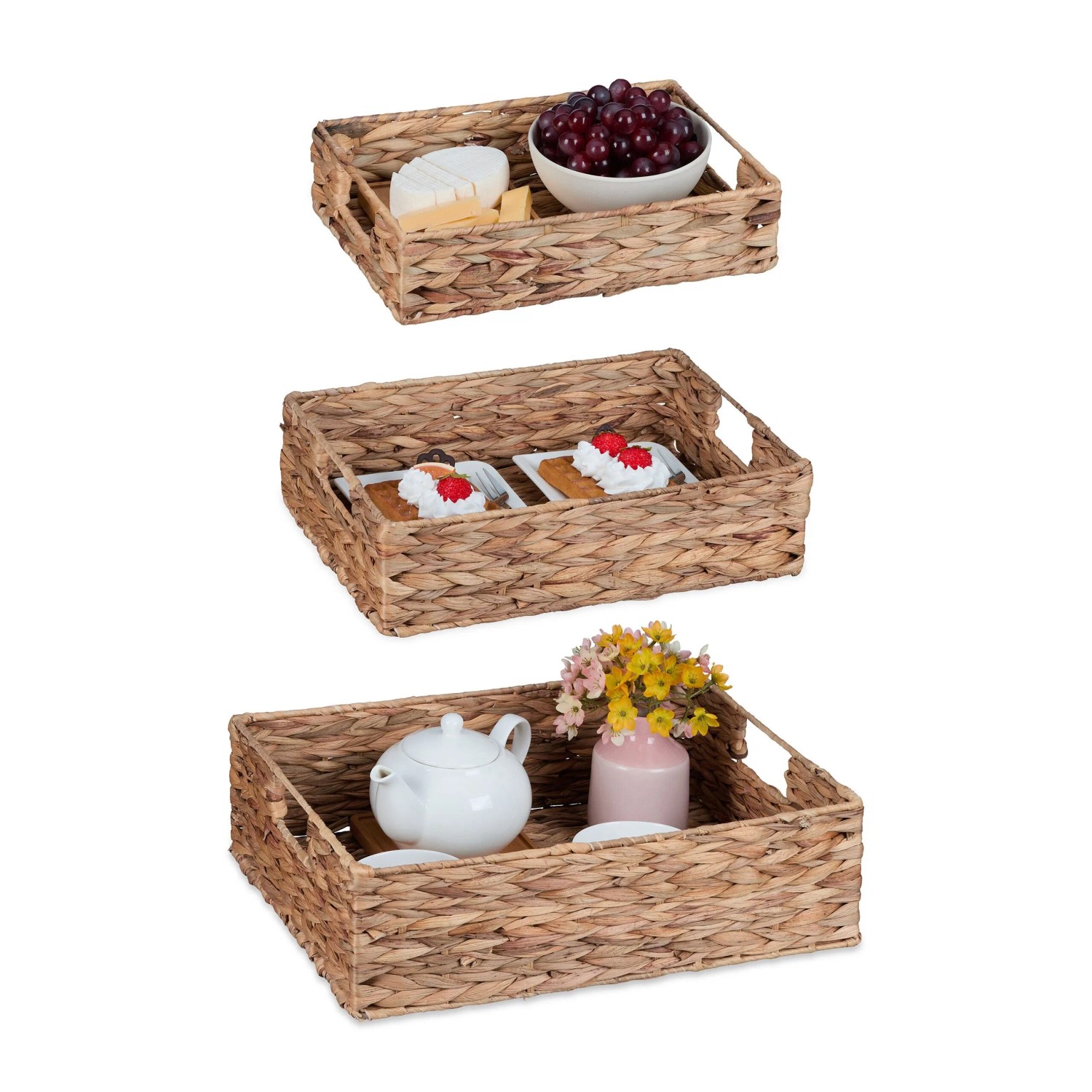Relaxdays Tablett 3er Set Wasserhyazinthe Stahl Natur Mit Griffen 40 cm x 30 cm