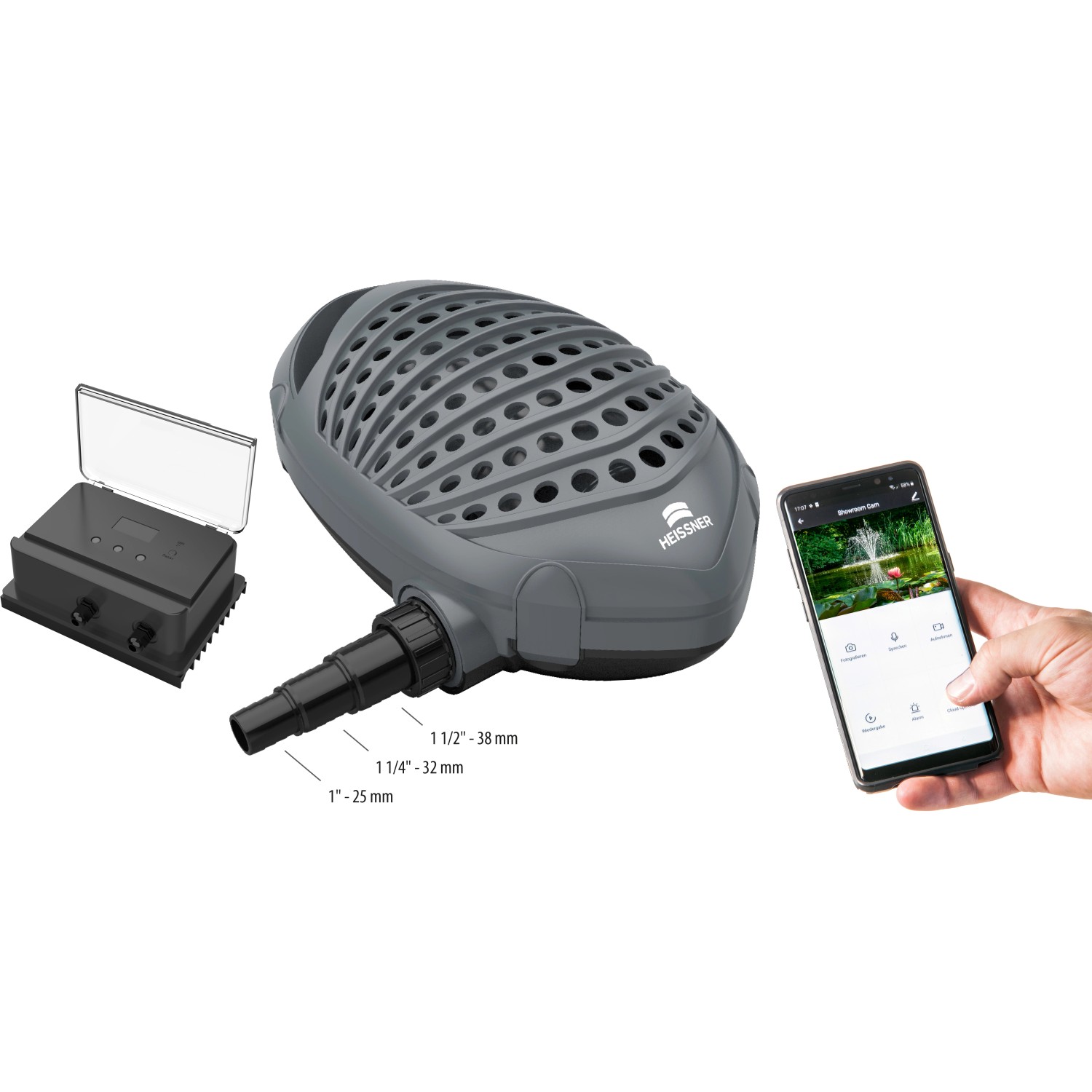 Heissner Aqua Craft Smart 10.000 Teichpumpe mit Controller und App-Steuerung.