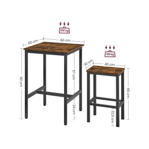 Vasagle Bartisch-Set mit 2 Stühlen, braun-schwarz, mit Maßangaben.
