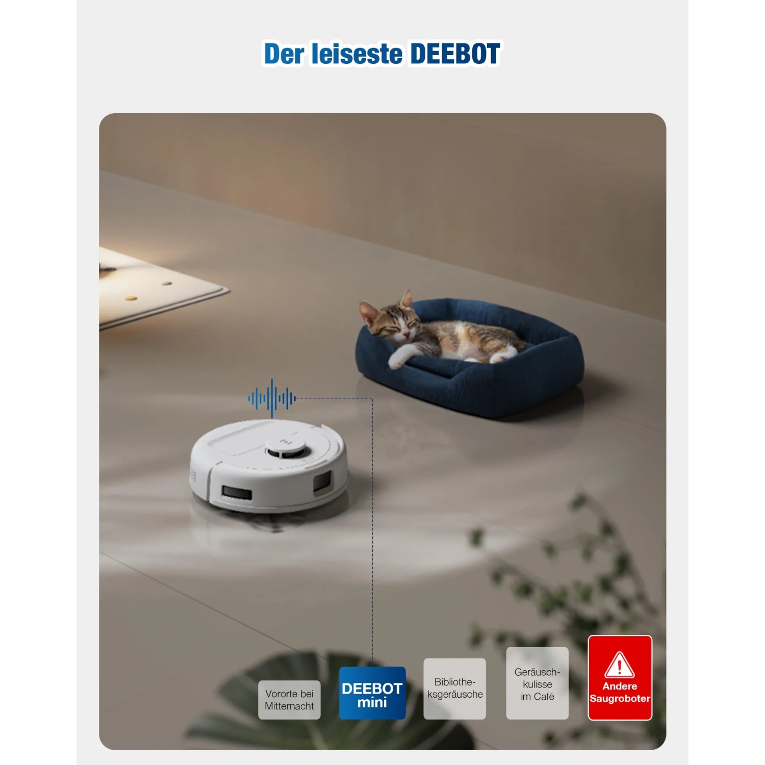 ECOVACS DEEBOT Mini Saugroboter bei der Arbeit, während eine Katze in einem Bett liegt.