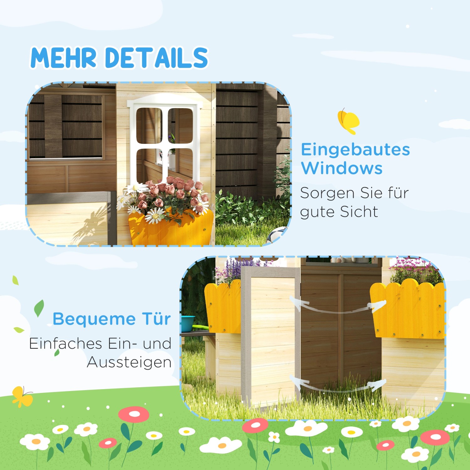 Detailansicht des Outsunny Kinderspielhauses aus Holz mit Fenster und Tür.