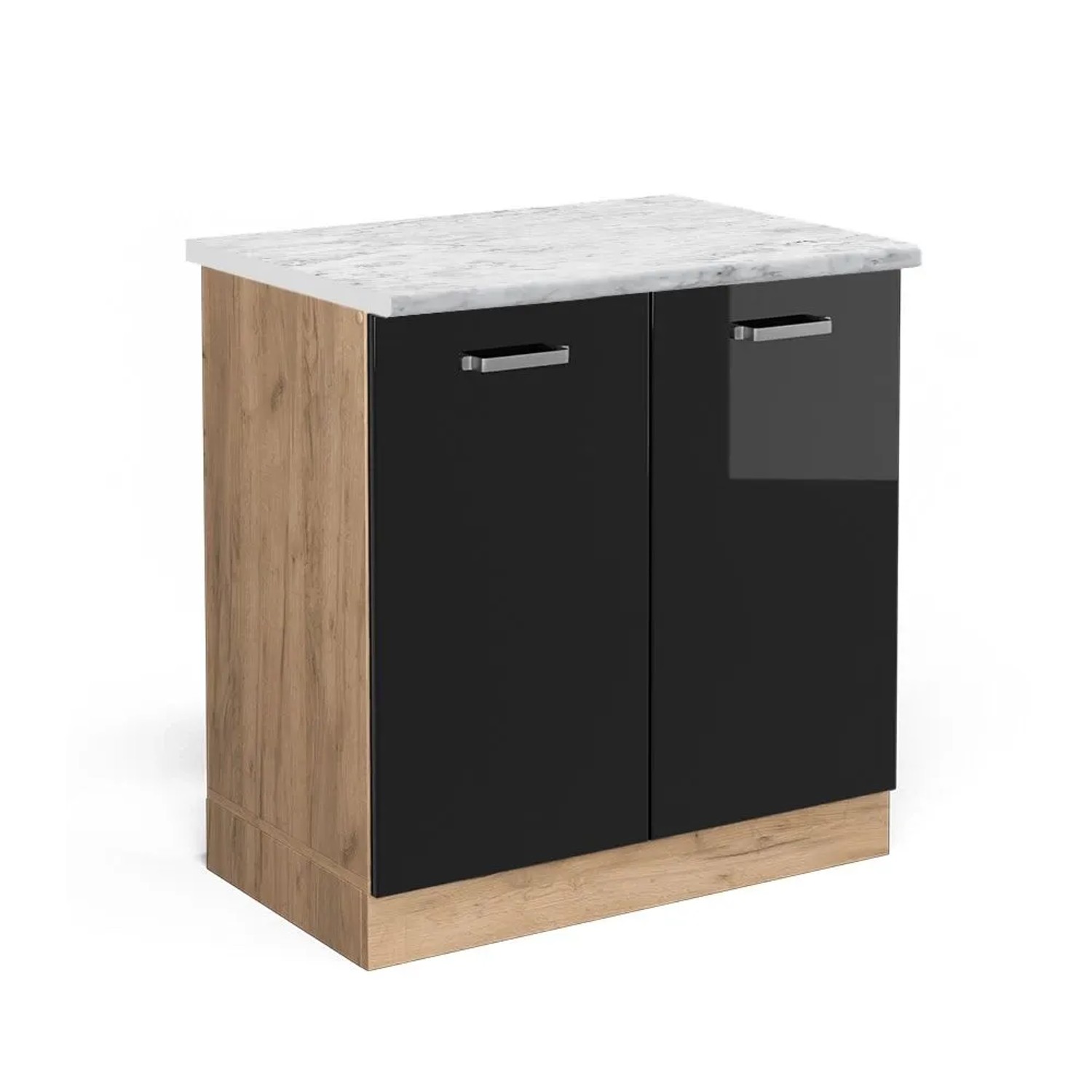 Vicco Spülenunterschrank R-Line Schwarz Hochglanz Goldkraft Eiche 80 cm AP Marmor