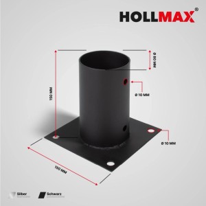 Schwarze HOLLMAX Aufschraubhülse für Rundholzpfosten 80 mm, pulverbeschichtet, mit 150x150 mm Bodenplatte.