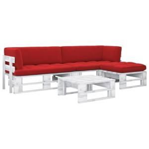 vidaXL Paletten-Lounge-Set, 4-teilig, weißes Holz mit roten Polstern für Garten oder Terrasse.