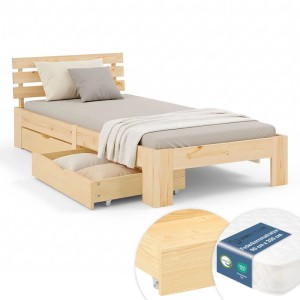 Homestyle4u Holzbett 90x200 cm mit Federkernmatratze und 2 Bettkästten Einzelbett 3326