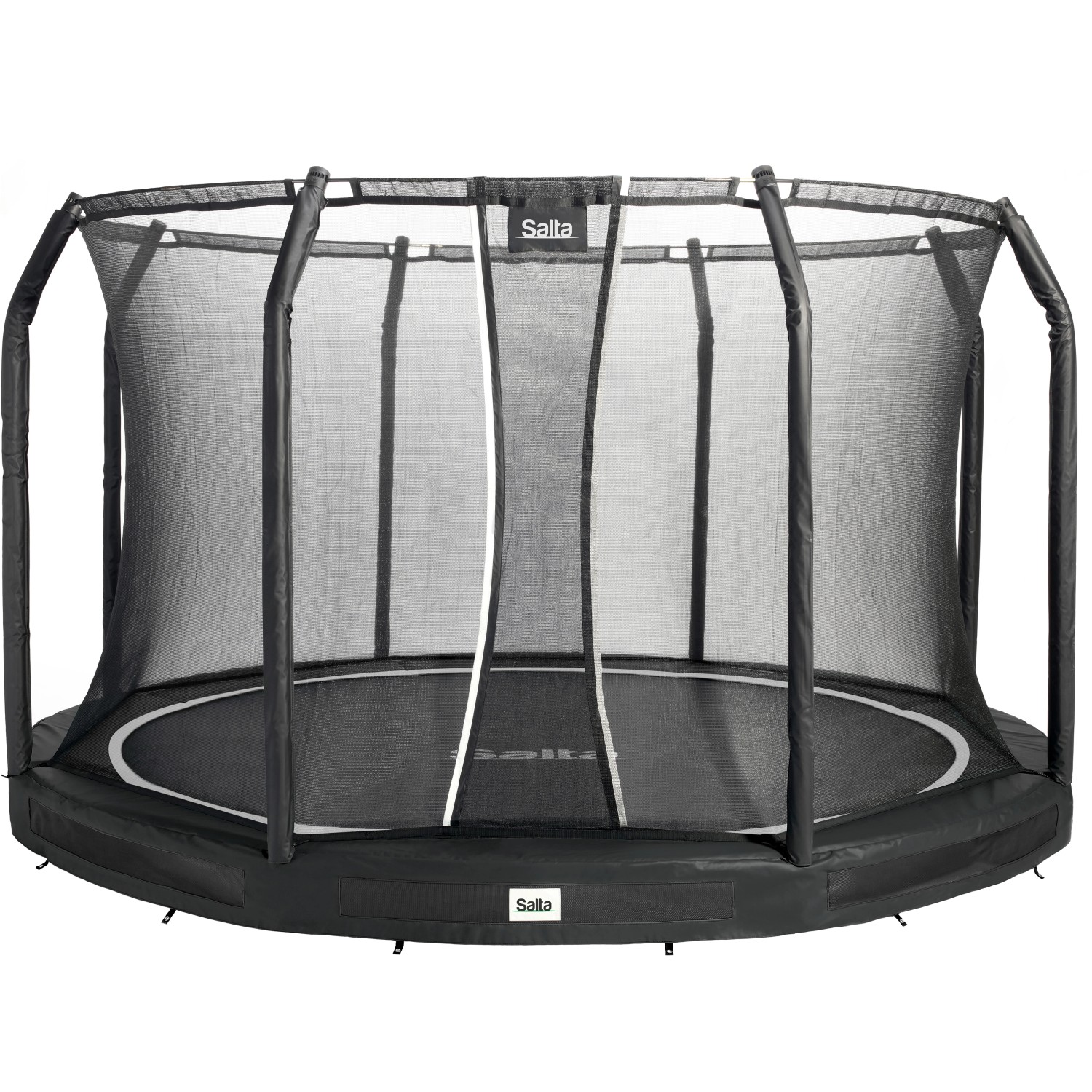 Schwarzes Salta Premium Ground Trampolin, ø 366 cm, für den ebenerdigen Einbau im Garten.