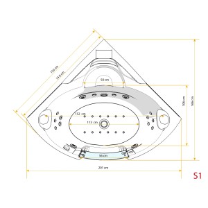 Draufsicht AcquaVapore Eck-Whirlpool W70-SC 150x150 mit Maßen. Badewanne mit Tür.