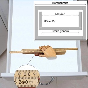 Schublade mit Zollstock messen für SOTECH Orga-Box Besteckeinsatz. Diagramm zeigt Innenbreite und Höhe 55mm.