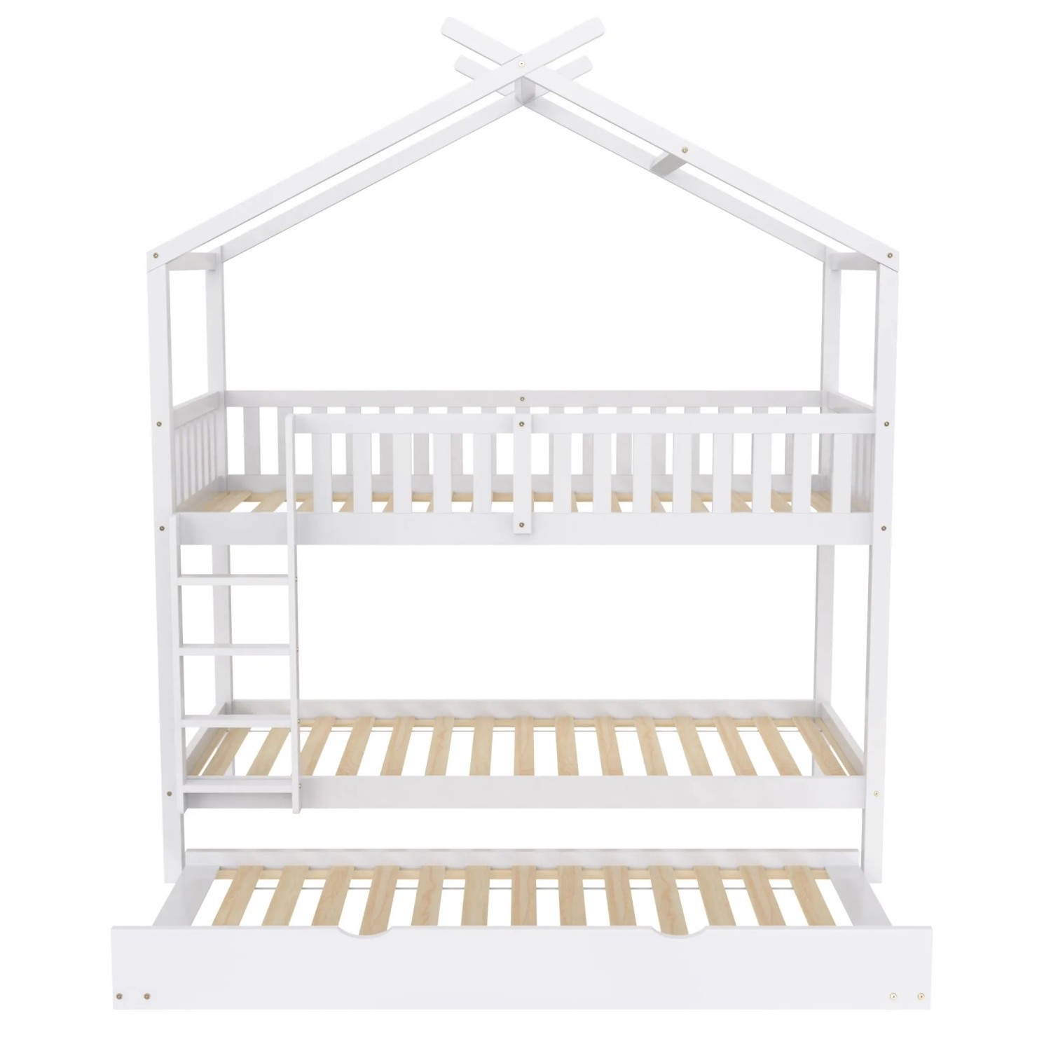 okwish Hausbett 90x200cm mit Ausziehbett und 3 Schlafplätzen Weiß ohne Matratze