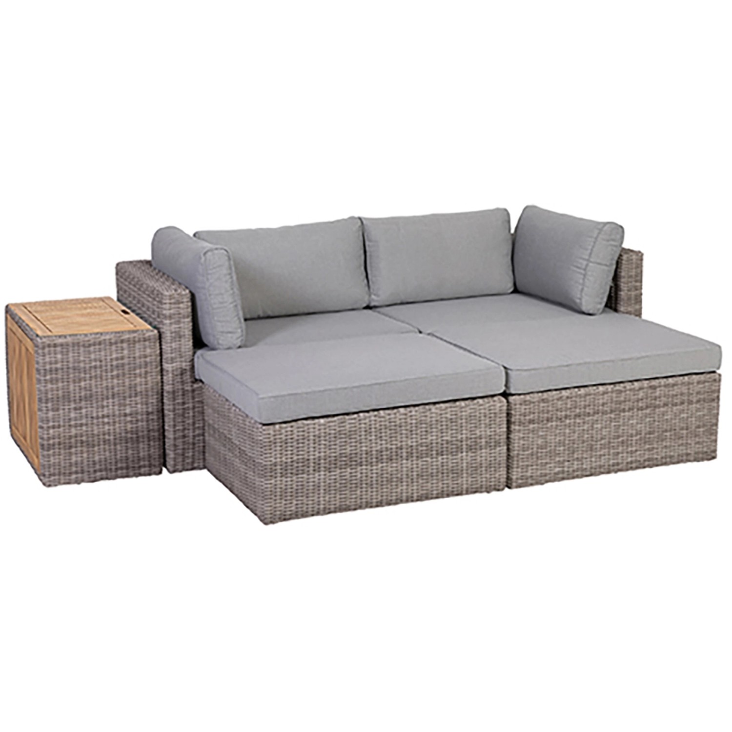 Graues Greemotion Lounge-Set Olea Wood, 5-teilig, mit Tisch und Polyrattan-Optik für Balkon oder Terrasse.