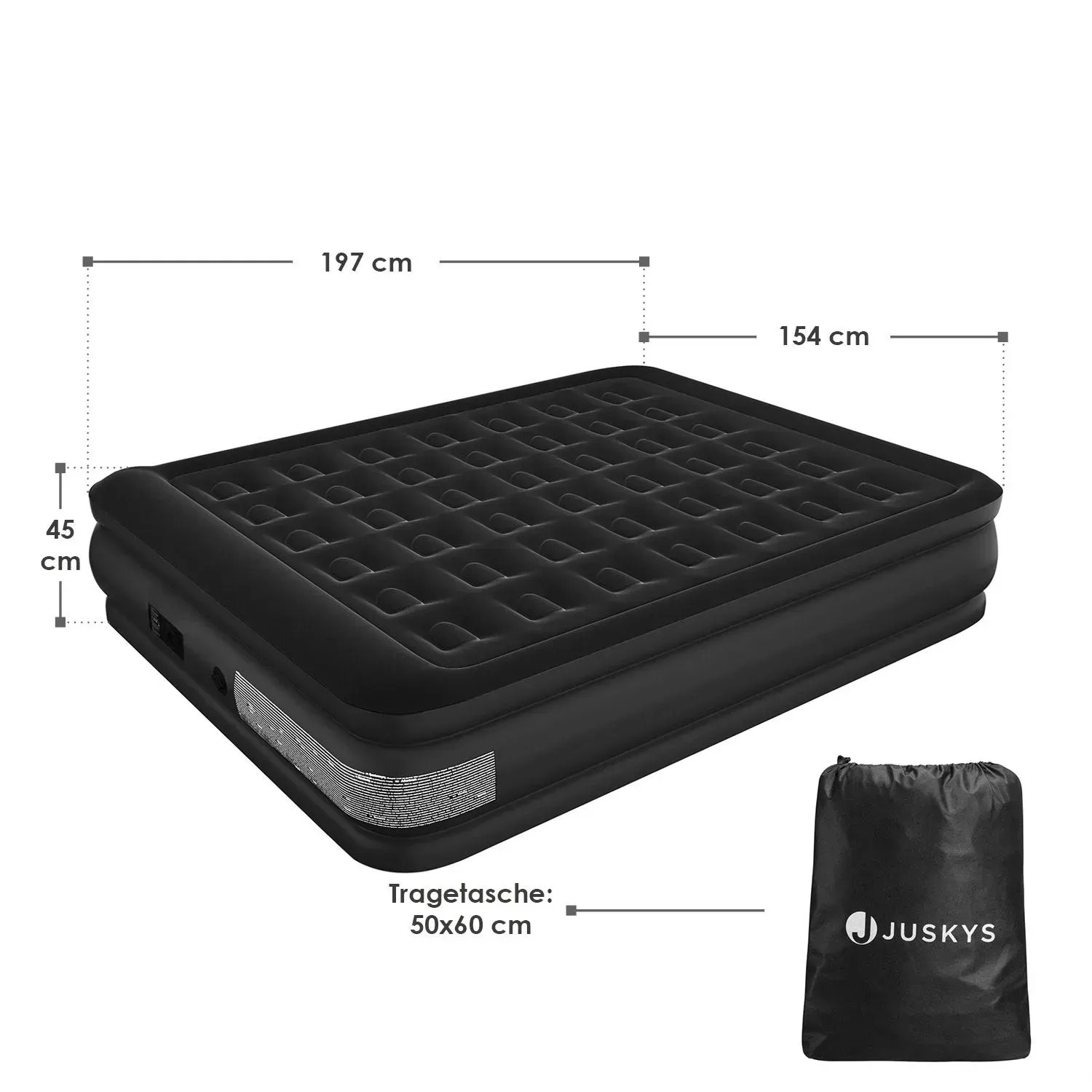 Schwarzes Juskys Luftbett Sapri L mit Maßen und Tragetasche.