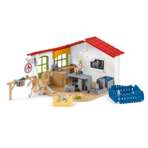 Schleich Farm World Tierarztpraxis Spielset mit Tierärztin, Fohlen, Dalmatiner, Katze, Kaninchen und Zubehör.