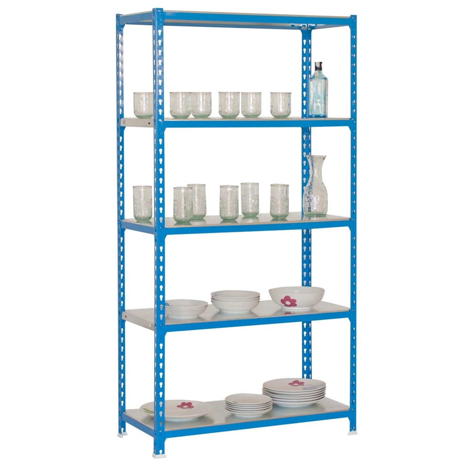 Blaues PROREGAL Schwerlastregal Metal Shark, 180x90x40 cm, mit 5 Regalböden und Geschirr.
