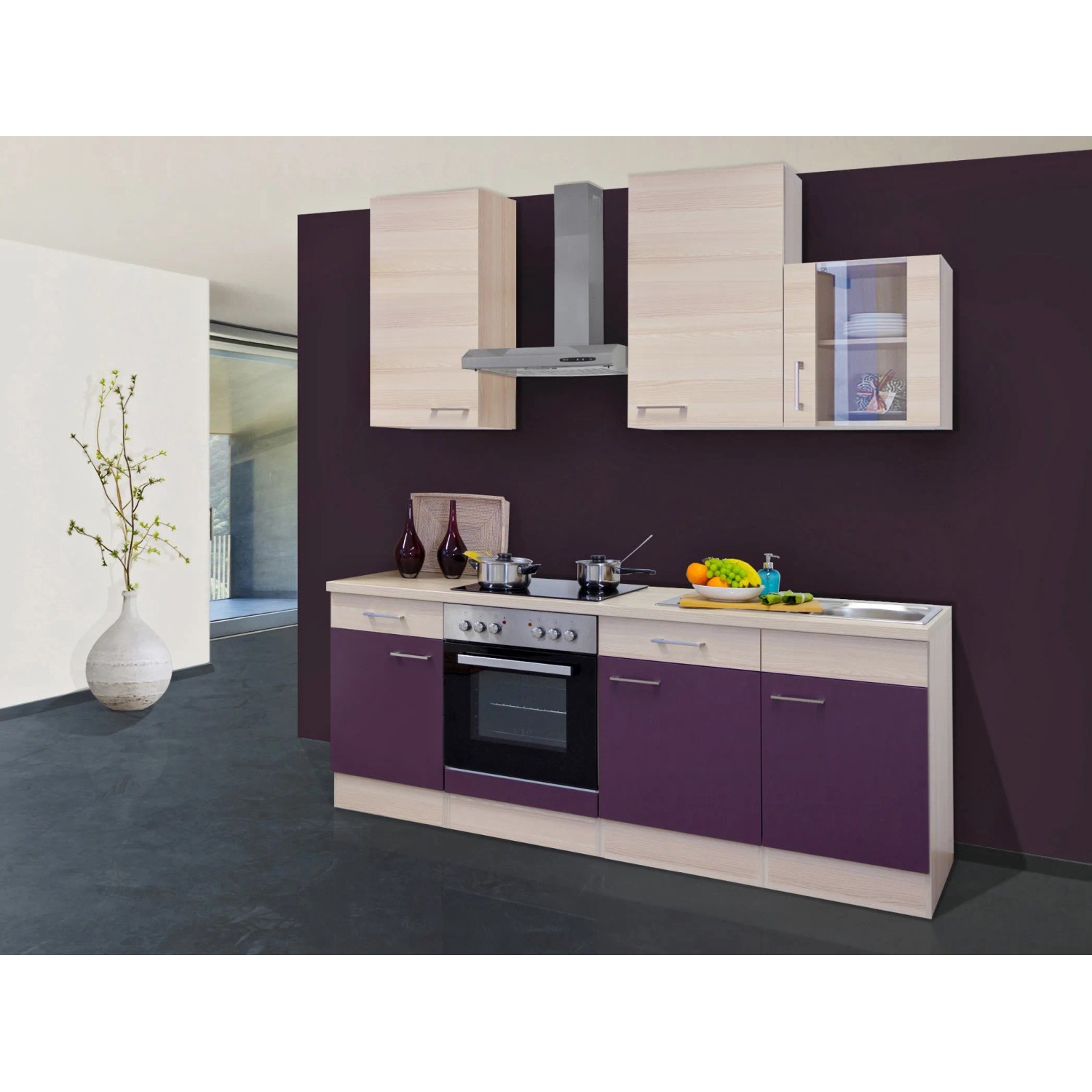 Flex-Well Exclusiv Küchenzeile Focus 220 cm Akazie-Aubergine