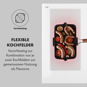 Weißes Klarstein Delicatessa Induktionskochfeld mit VarioHeating Flexzone. Grillpfanne brät Würstchen und Gemüse.