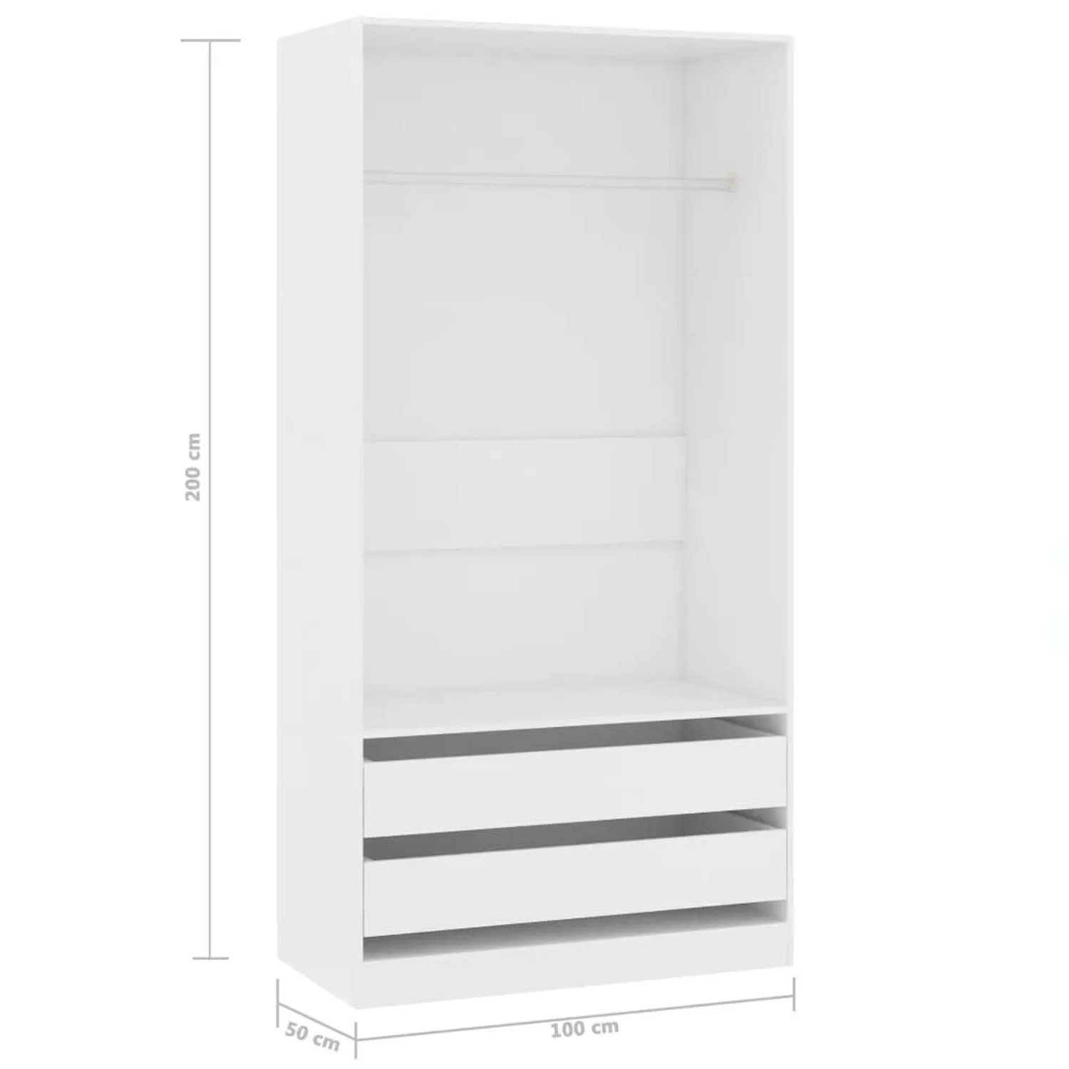 Weißer Kleiderschrank (100x50x200 cm) mit Schubladen und Kleiderstange.