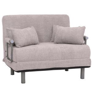 Grauer MCW Schlafsessel K29 mit Boucle-Stoff und Kissen. Kompaktes Schlafsofa für 2 Personen.