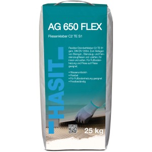 Sack Hasit AG 650 Flex S1 Fliesenkleber, flexibler Dünnbettkleber für Fliesen und Fußbodenheizung, 25 kg.