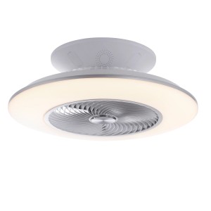 Weiße LED-Deckenleuchte Stralsund mit Ventilator, Ø 50 cm. Dimmbar, mit Fernbedienung.