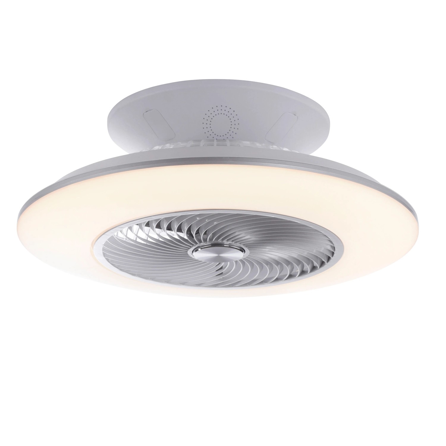 Weiße LED-Deckenleuchte Stralsund mit Ventilator, Ø 50 cm. Dimmbar, mit Fernbedienung.