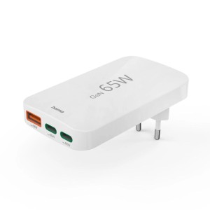 Weißes Hama Schnellladegerät mit 2 USB-C und 1 USB-A Anschluss, 65W Leistung für Computer & Multimedia.