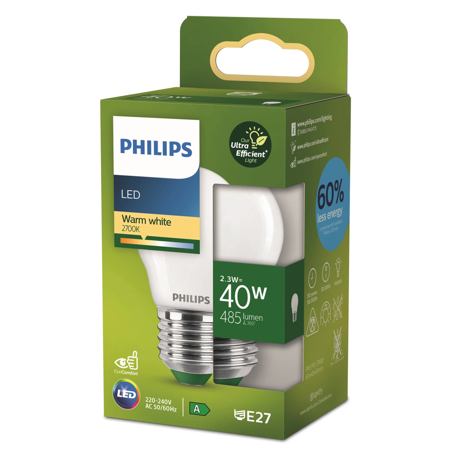 Philips LED-Lampe E27 Tropfenform, 2,3W, 485lm, matt, in Verpackung.