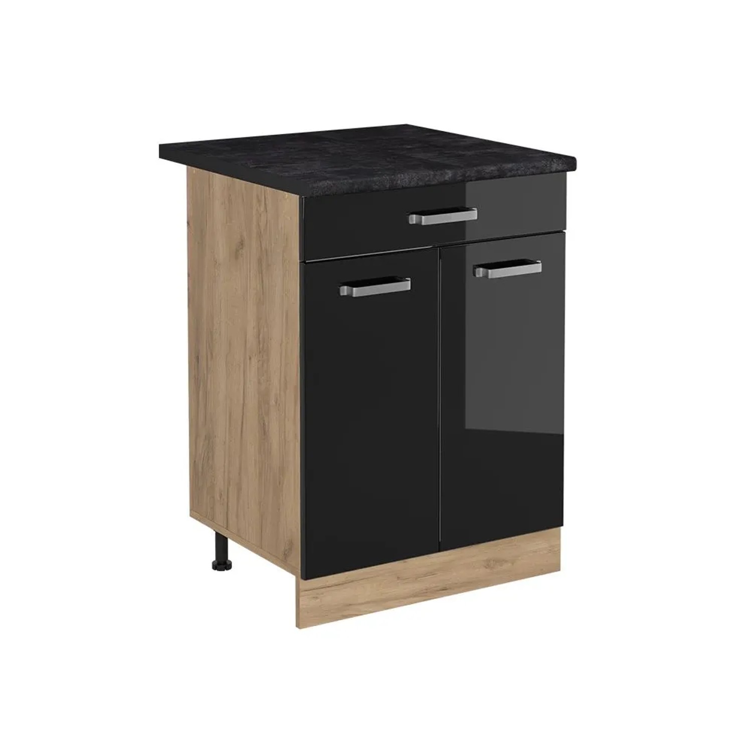 Vicco Küchenunterschrank R-Line Schwarz Hochglanz/Goldkraft Eiche 60 x 82 mit Schublade Arbeitsplatte Anthrazit Art Nr 61219