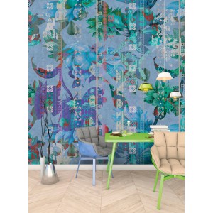 Fototapete mit abstraktem Blumenmuster in Blau und Grün, 4,00 m x 2,70 m, FSC®-zertifiziert.