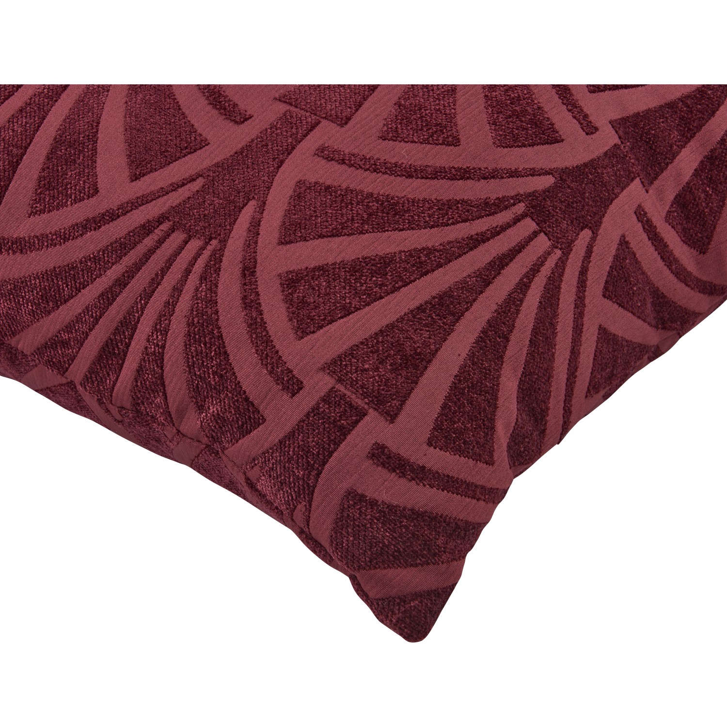 Dekoratives Kissen Blush Bordeaux Rot, 45x45 cm, mit geometrischem Muster.