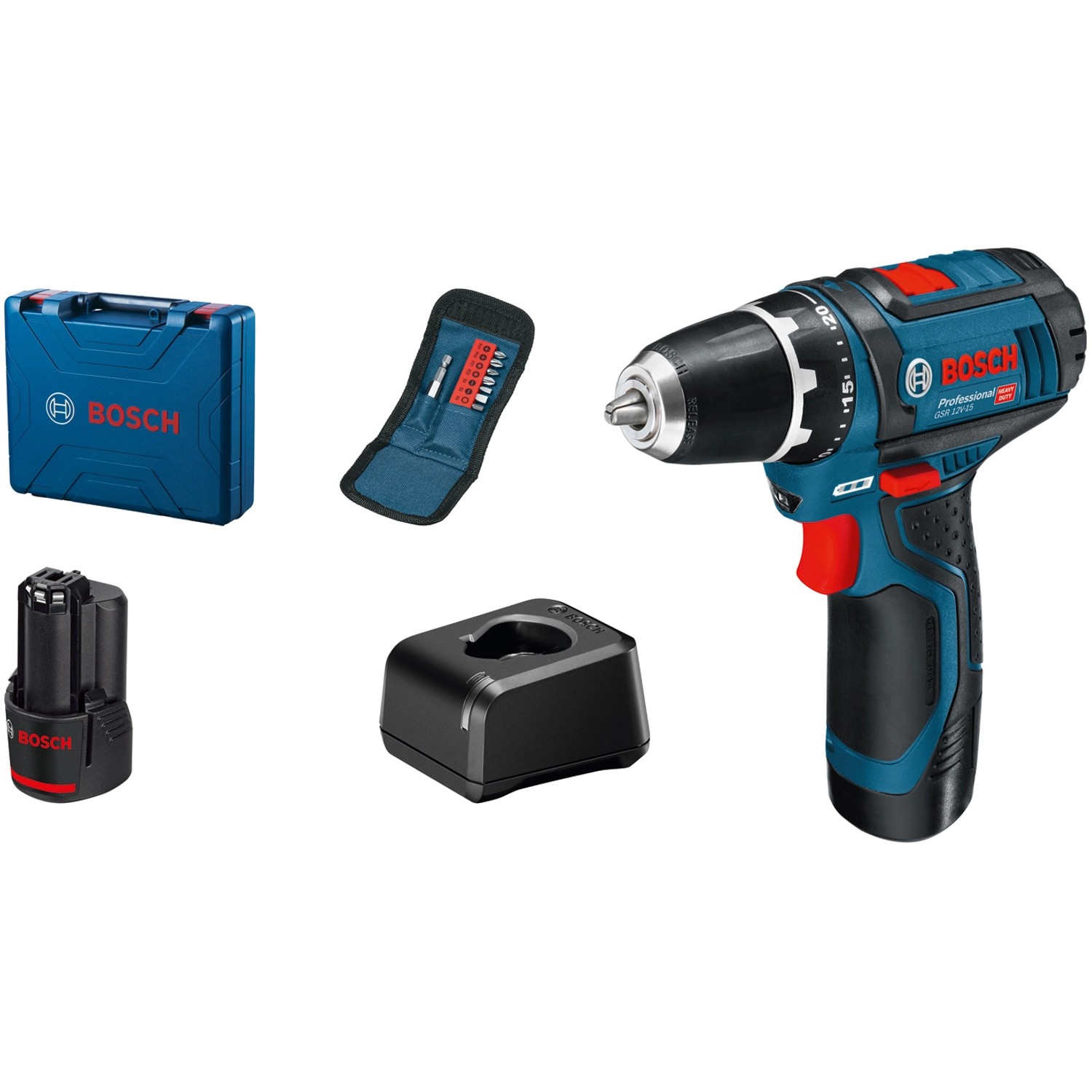 Bosch Professional Akku-Bohrschrauber GSR 12V-15 mit Akkus & 10 AC-Set in Koffer