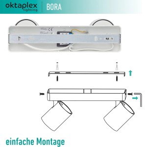 Montageanleitung für Oktaplex Bora Deckenstrahler, 2-flammig, weiß. Aluminium Deckenleuchte für GU10 Leuchtmittel.