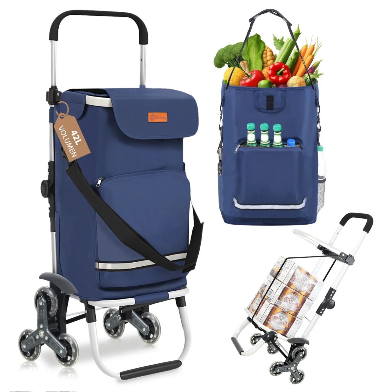 Sekey 3-in-1 Faltbarer Einkaufstrolley Treppensteiger mit Kühlfach und Spanngurt Blau