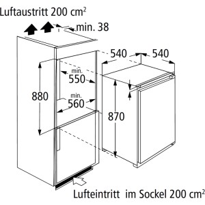 Skizze des PKM Einbaukühlschranks KS130.0A++EB mit Maßangaben für den Einbau.