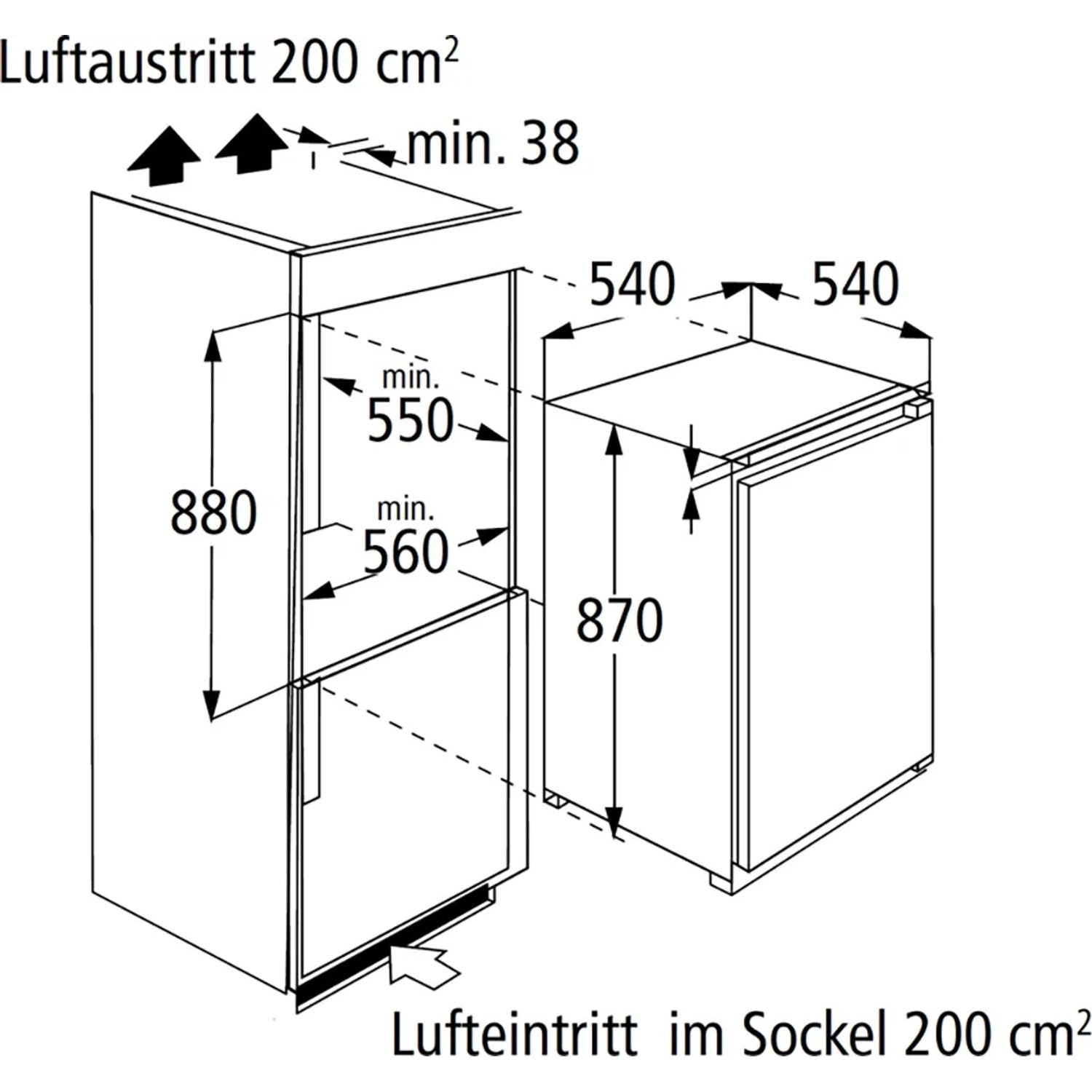 Skizze des PKM Einbaukühlschranks KS130.0A++EB mit Maßangaben für den Einbau.