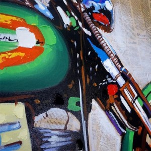 Handgemaltes, abstraktes Ölgemälde Motorrad auf Leinwand. Detailreiche, farbenfrohe Kunst als Dekoartikel.