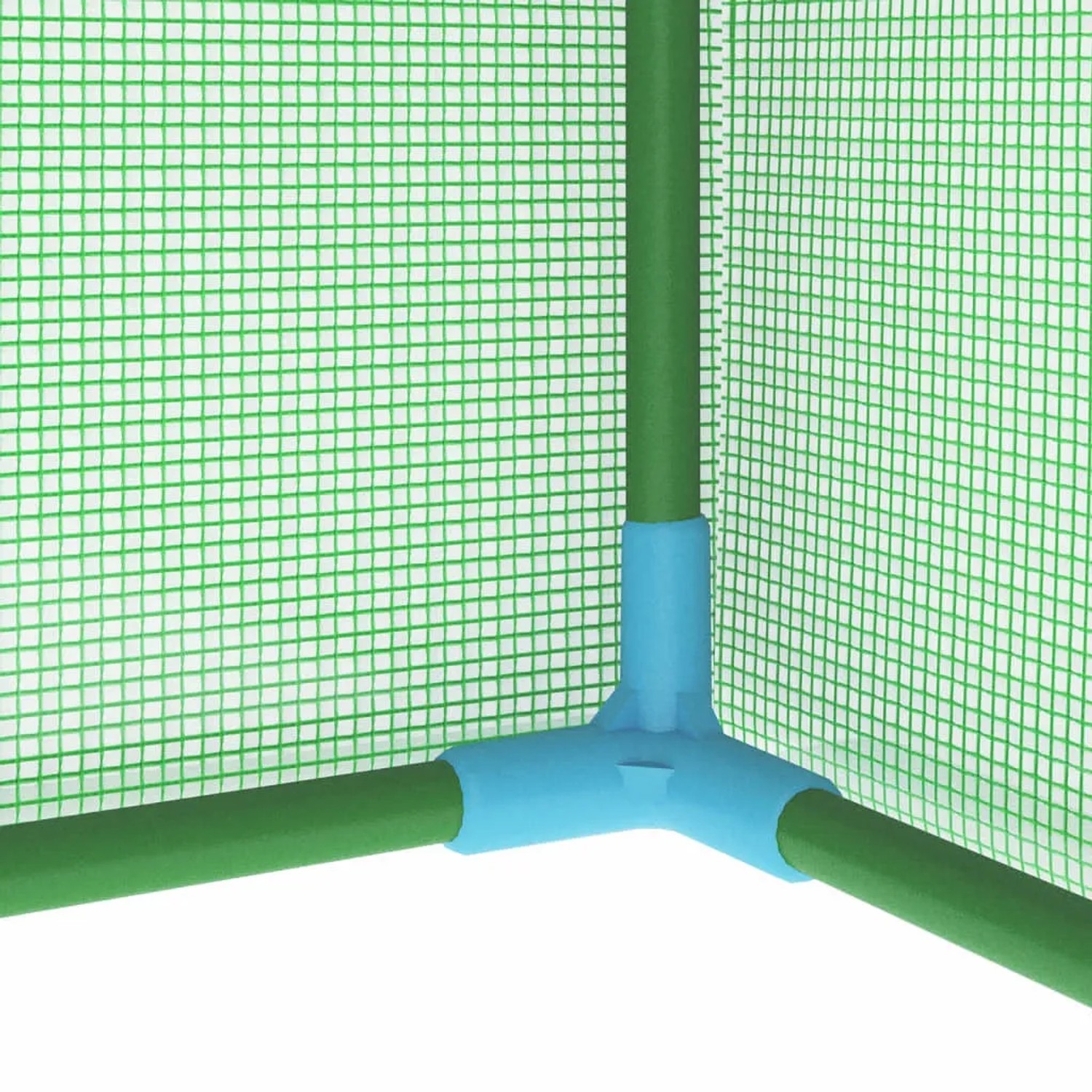 Detailaufnahme Stahlrahmen-Ecke des furnicato Gewächshauses, grüne Plane.